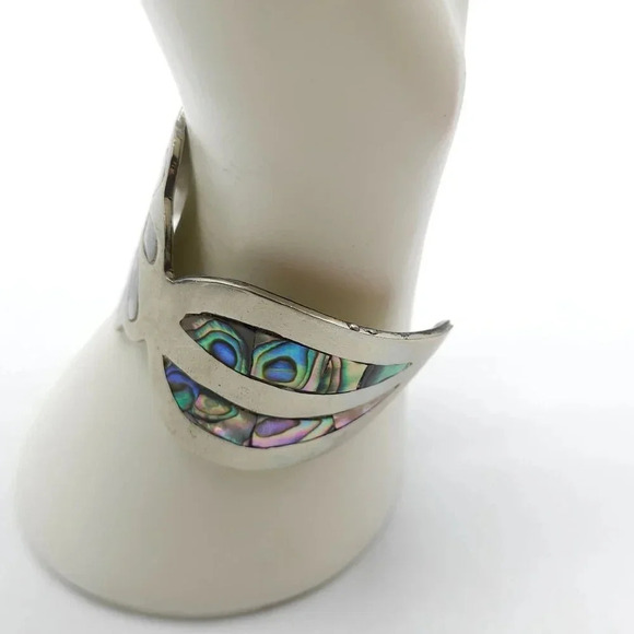 Vintage Mexican Abalone Inlay Coin Silver Cuff Bracelet With Flower Design - Picture 3 of 10